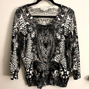 Joseph A Womens Cardigan Leopard Paisley Black & White